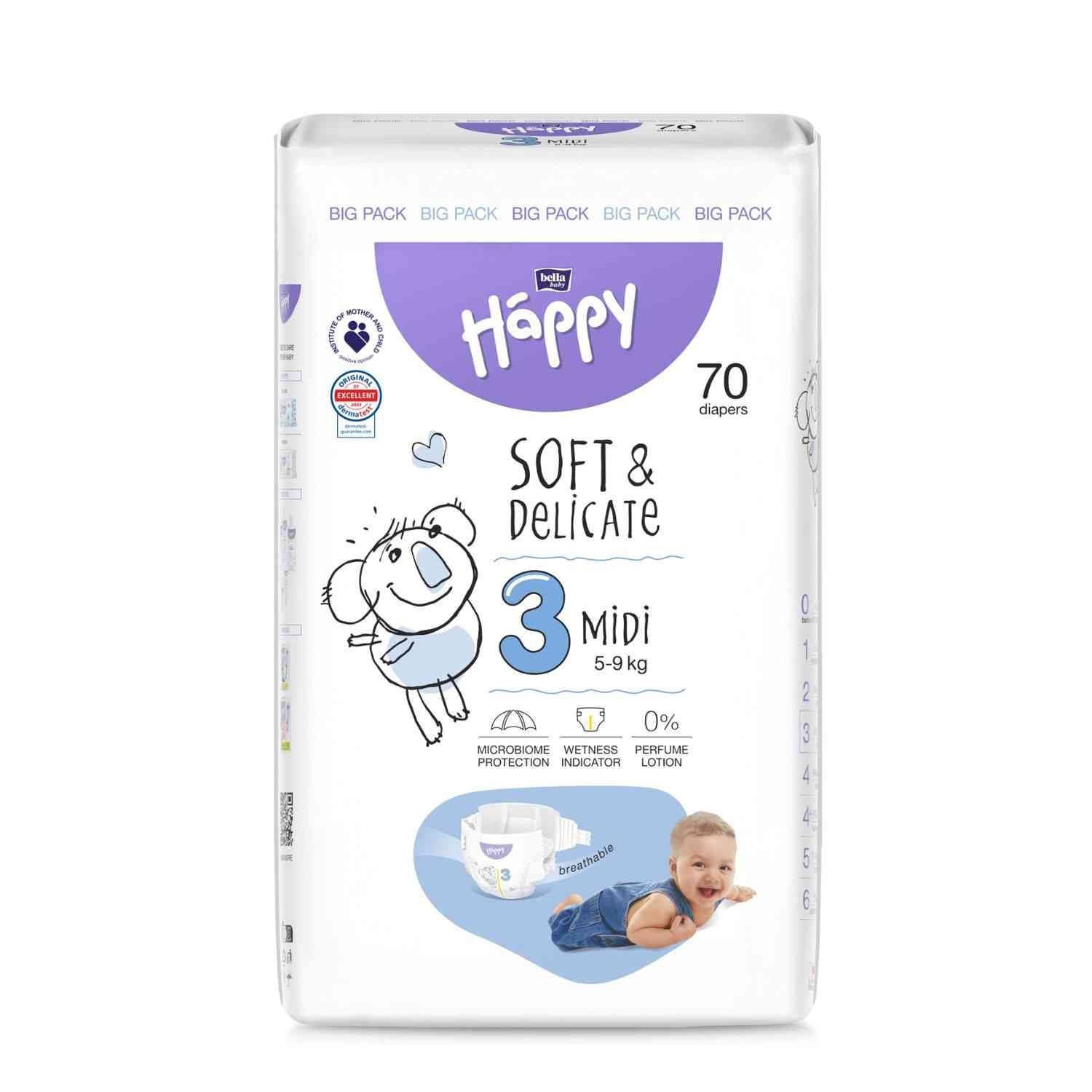 bella baby Happy Windeln "super weich" Gr. 3 (Midi) von 5 bis 9 kg - BIG PACK (70 Stück)